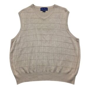 Alan Flusser 100% Silk V Neck Plaid Knit Sweater Vest Tan Mens Large